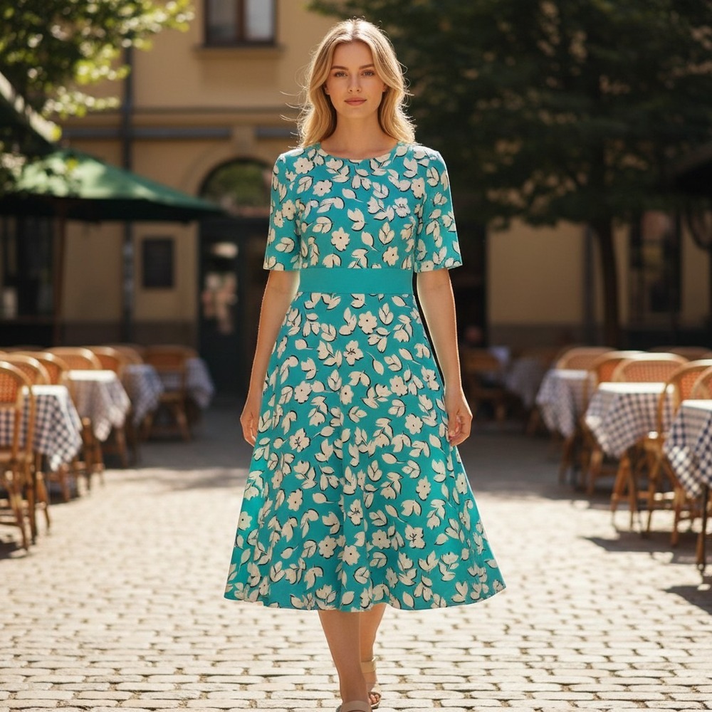 London Times Floral Midi Dress Womens Size 6 Teal Ivory Short Sleeve A-Line